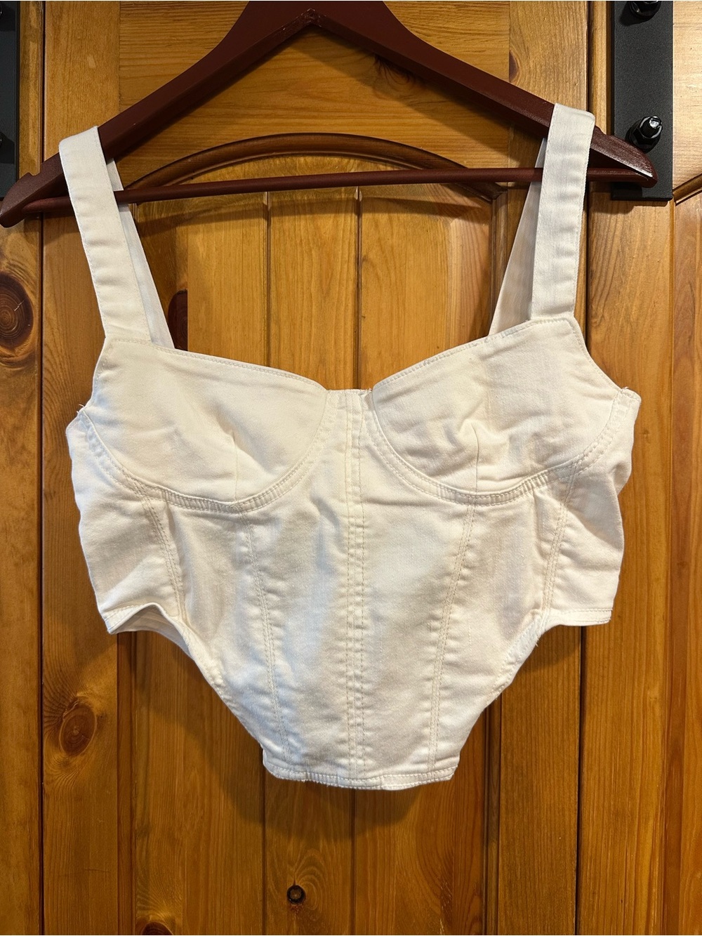 Zara White Stretch Denim Structured Bustier Crop Top With Silver Zipper